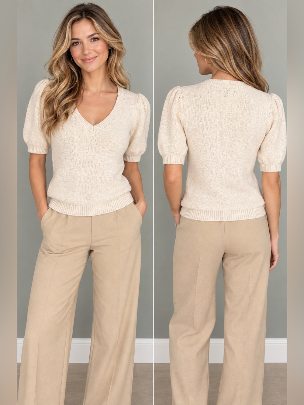 LOFT 100% Cotton Cream Puff Sleeve Sweater XXSP